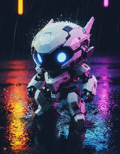 Small Futuristic Robot Standing In The Rain