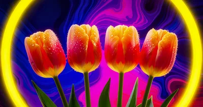 Four Vibrant Tulips Against Abstract Neon Background