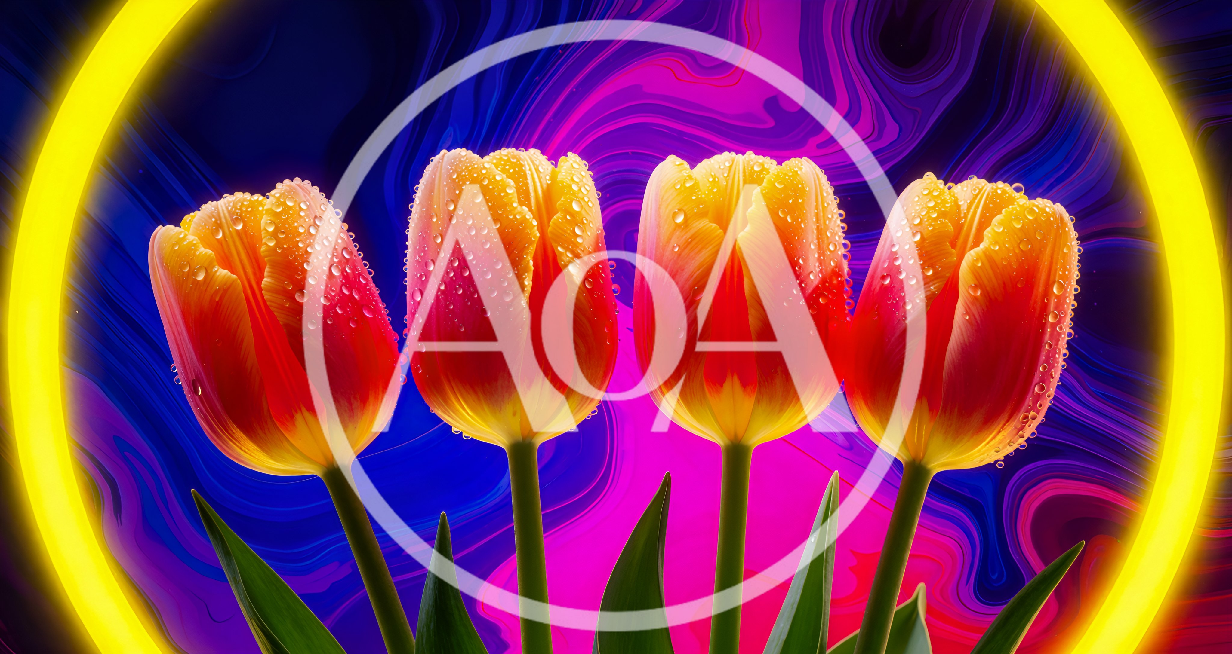 Four Vibrant Tulips Against Abstract Neon Background