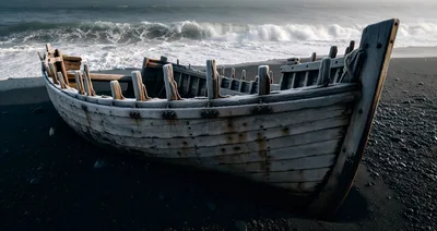 Old Wooden Boat Wreckage On Black Sand Beach
