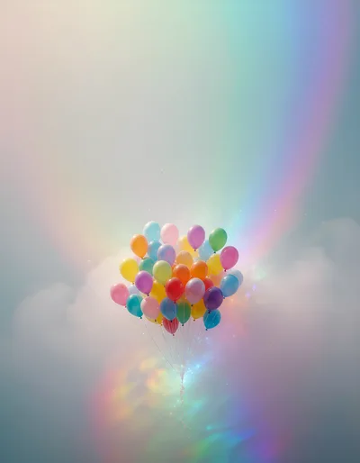 Colorful Balloons Floating Against A Dreamy Rainbow Sky