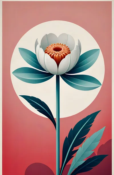 Stylized Minimalist Flower Illustration With Teal Leaves