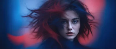Portrait Of A Woman With Dynamic Red And Blue Hair