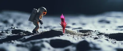 Astronaut Discovering A Vibrant Pink Flower On The Moon