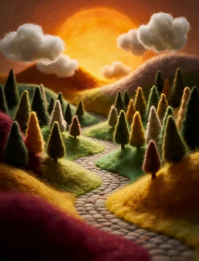 Whimsical Felted Landscape With Winding Cobblestone Path