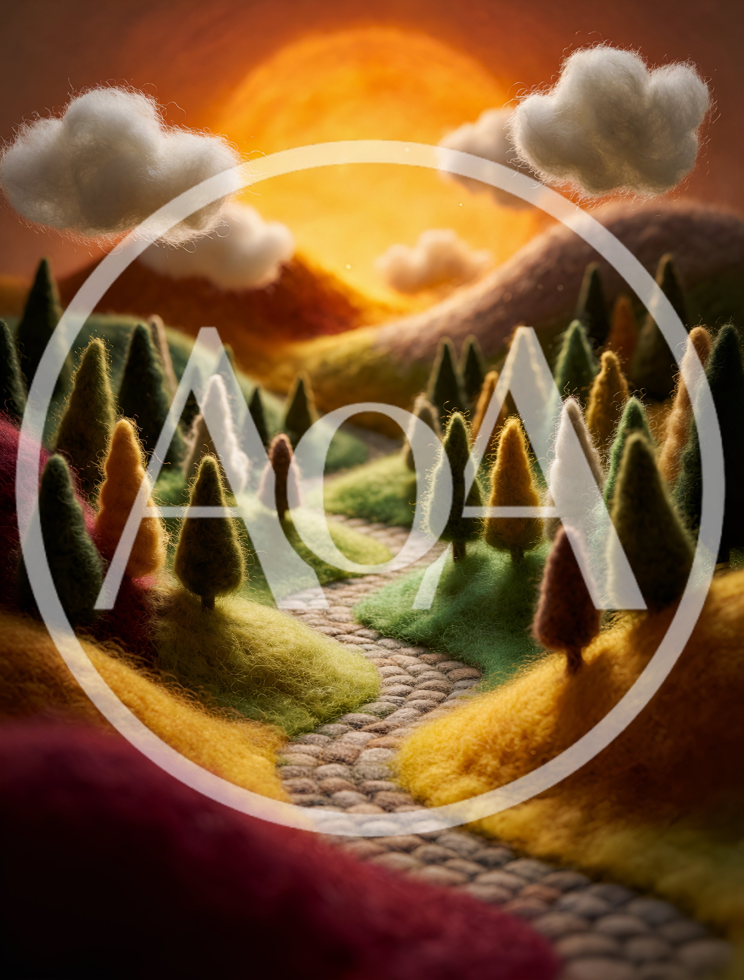 Whimsical Felted Landscape With Winding Cobblestone Path