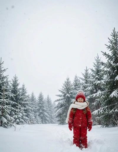Little Girl Standing in Snowy Pine Forest