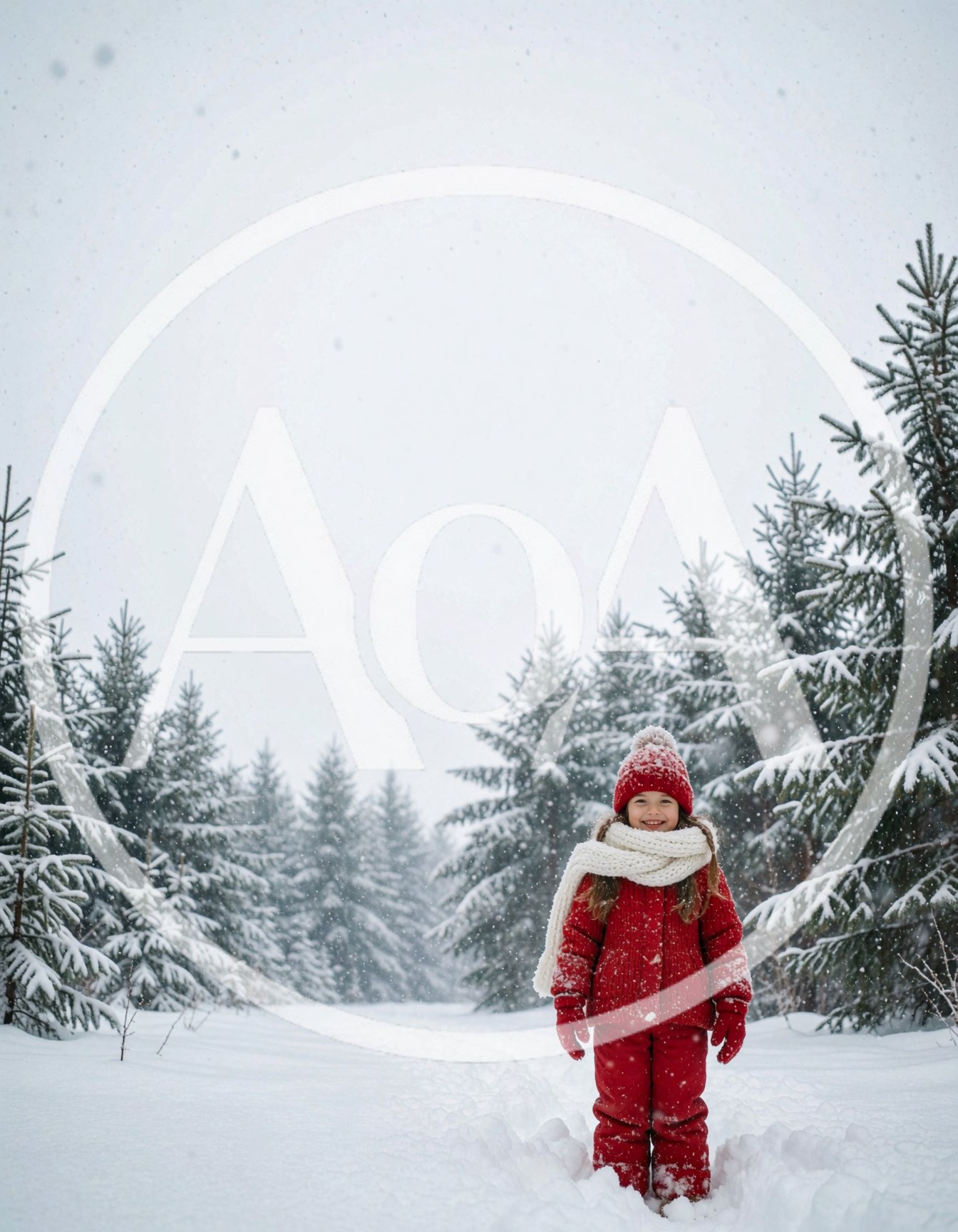 Little Girl Standing in Snowy Pine Forest