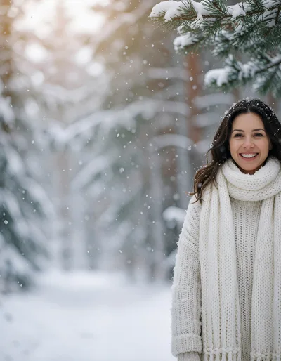 Smiling Woman Wearing White Knit Sweater In Snowy Forest