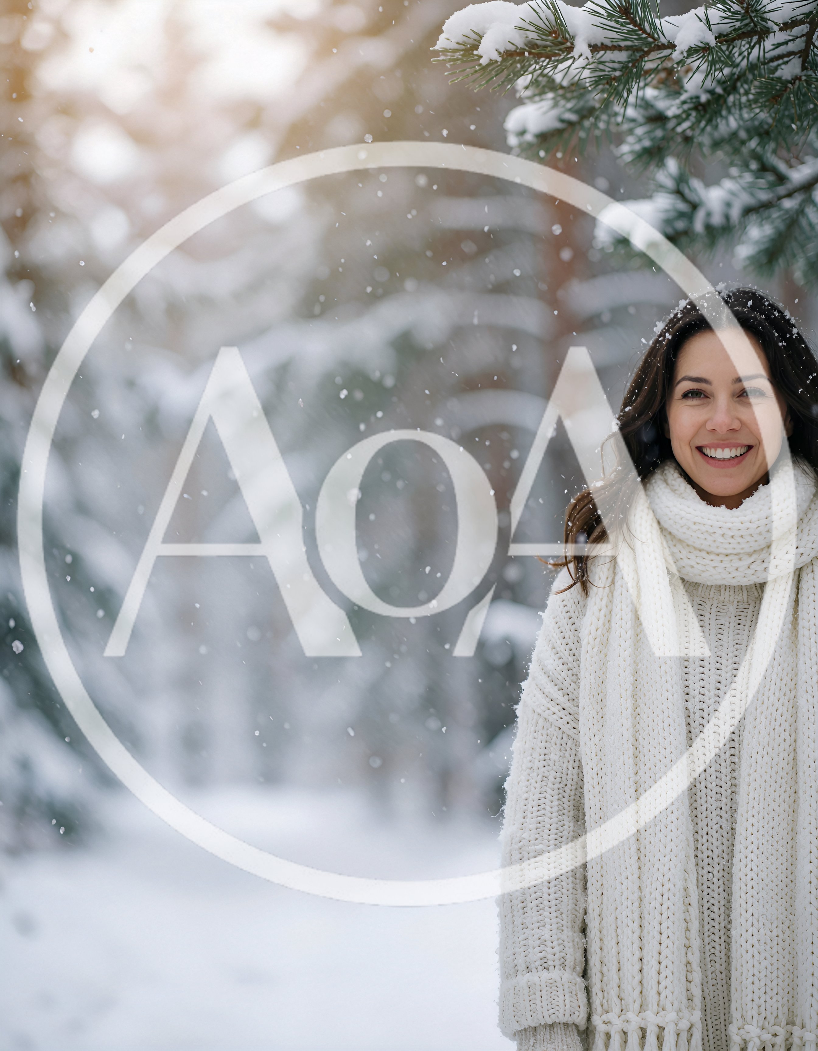 Smiling Woman Wearing White Knit Sweater In Snowy Forest