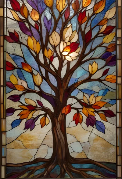 Stained Glass Tree With Colorful Autumn Leaves