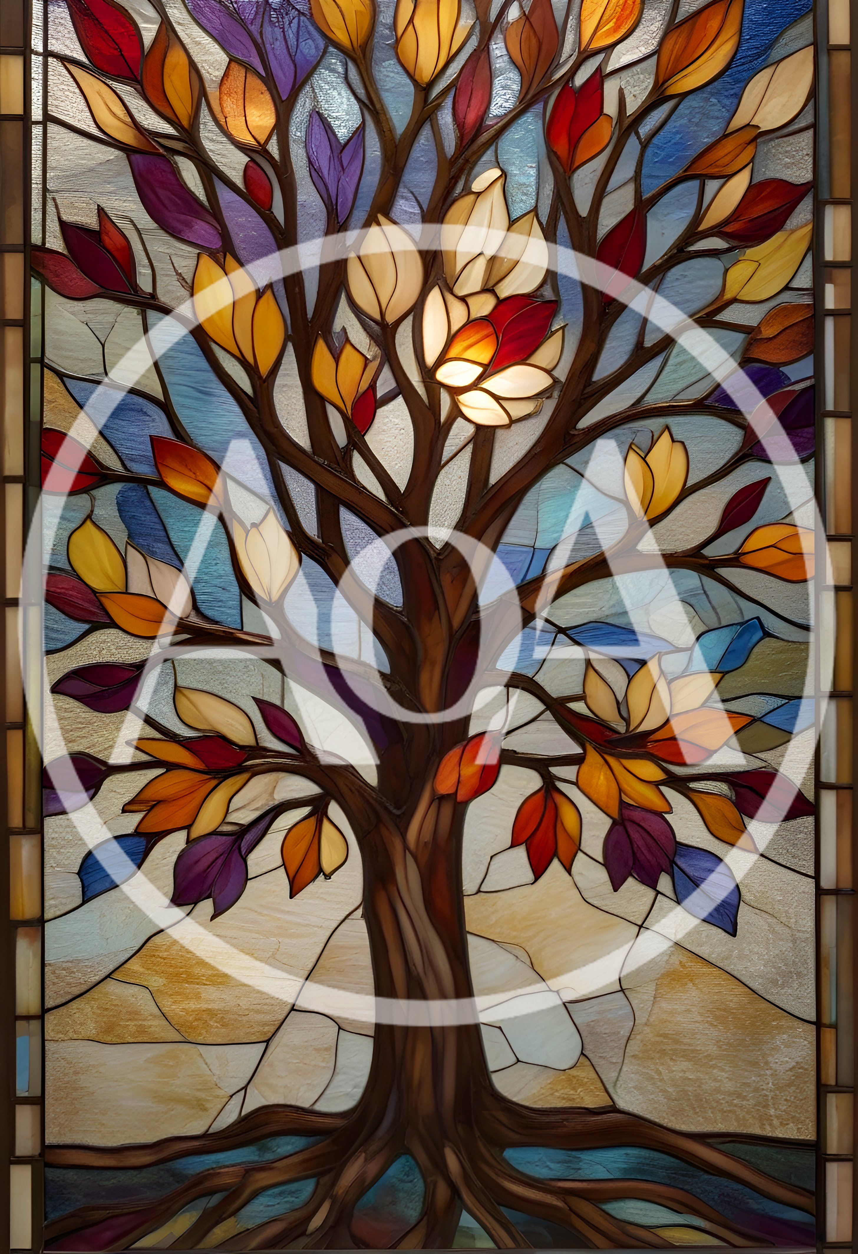 Stained Glass Tree With Colorful Autumn Leaves