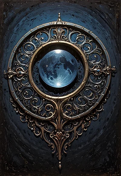 Ornate Circular Metal Frame With Glowing Moon Centerpiece