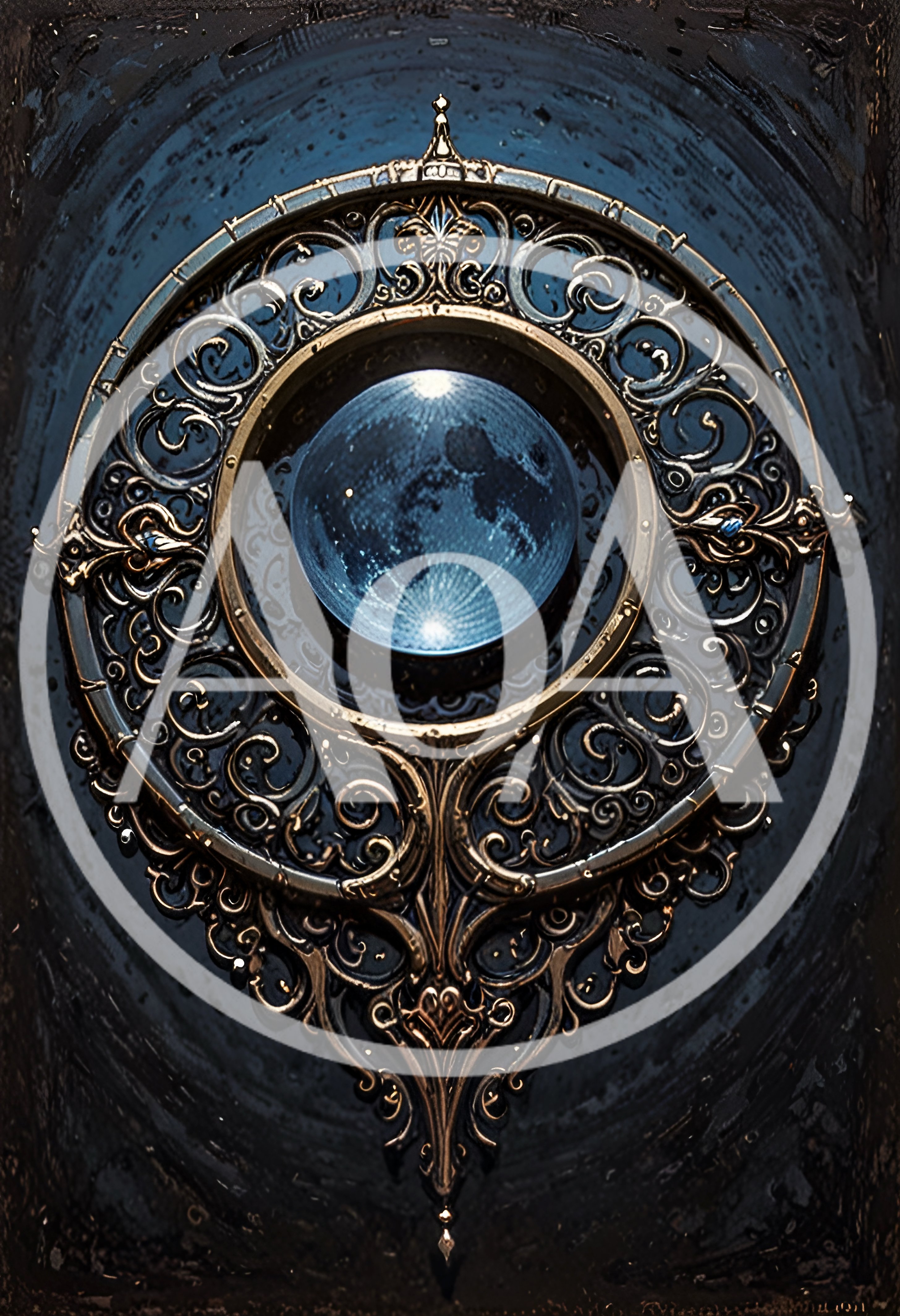 Ornate Circular Metal Frame With Glowing Moon Centerpiece