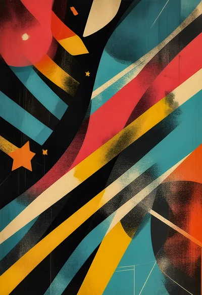 Abstract Geometric Composition With Vibrant Diagonal Stripes And Stars