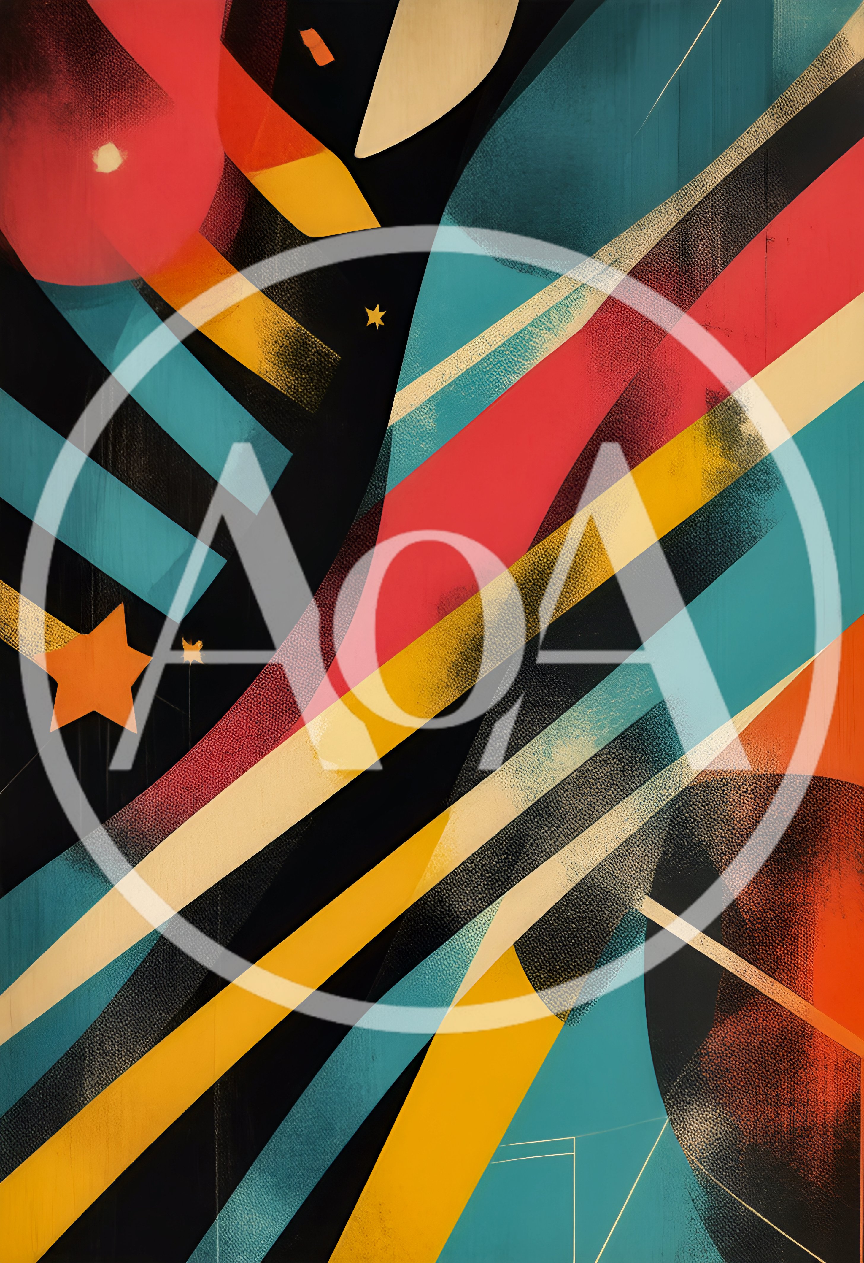 Abstract Geometric Composition With Vibrant Diagonal Stripes And Stars