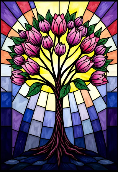 Stained Glass Tree Illustration With Pink Tulip Blossoms