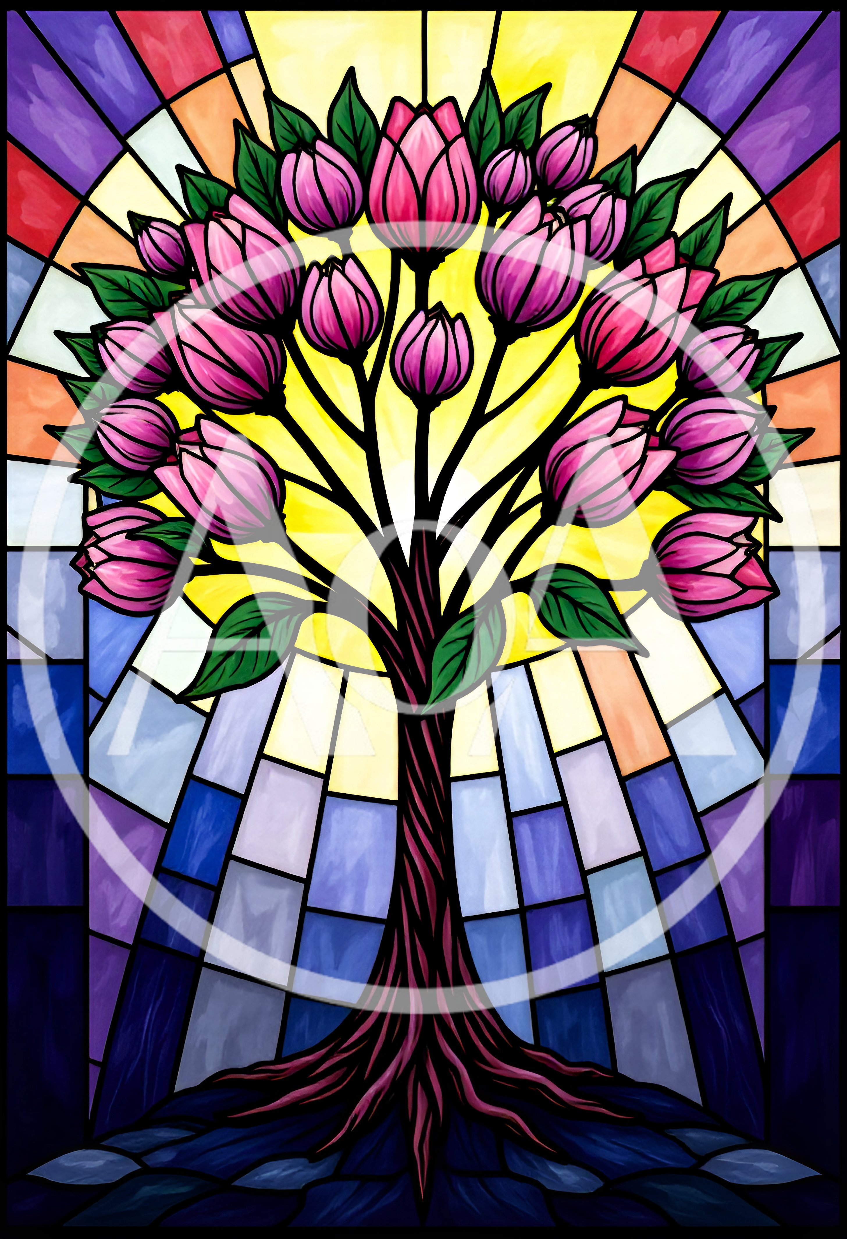 Stained Glass Tree Illustration With Pink Tulip Blossoms