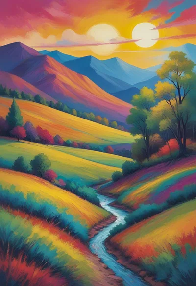 Vibrant Surreal Landscape With Two Suns Over Mountains