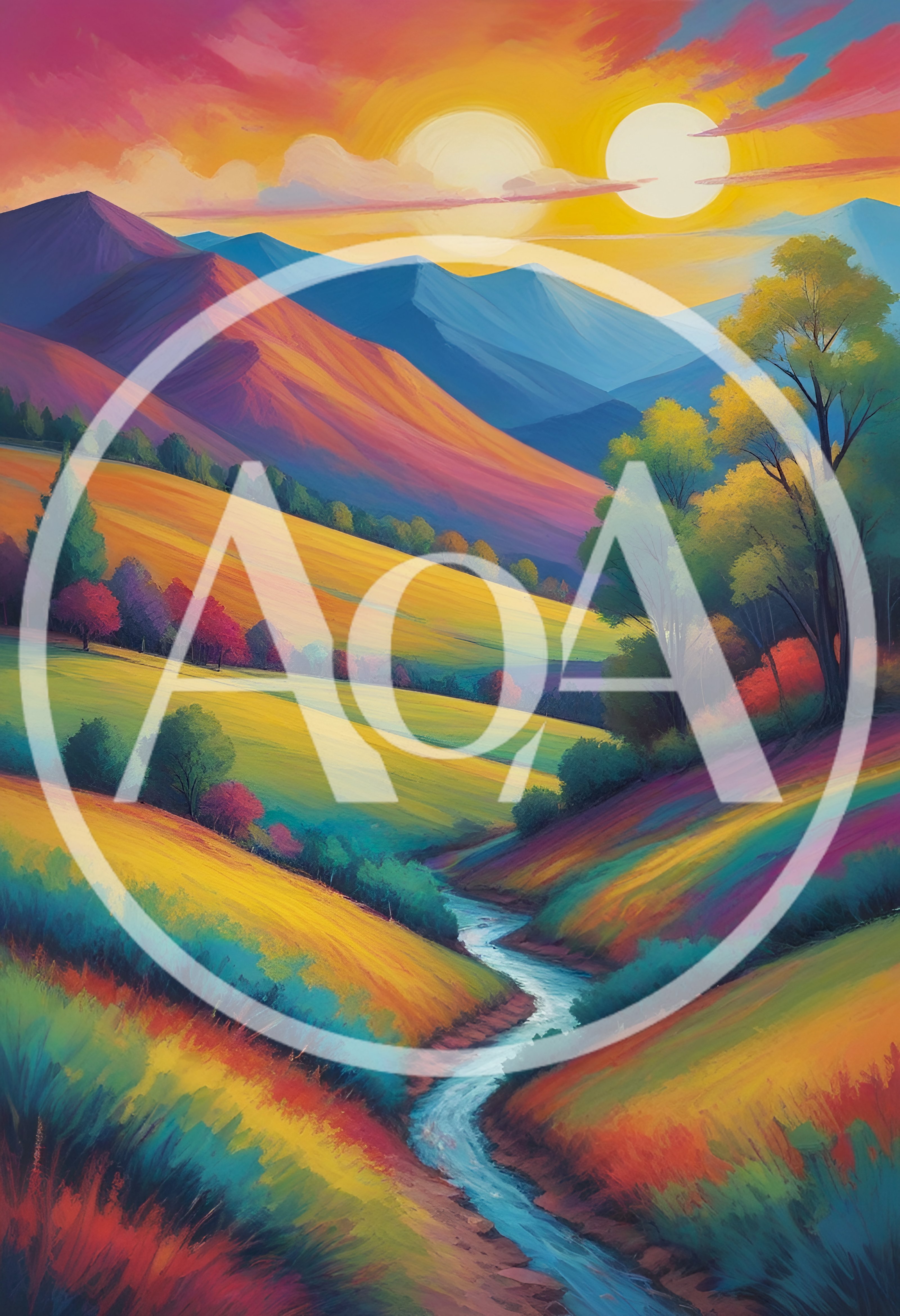 Vibrant Surreal Landscape With Two Suns Over Mountains