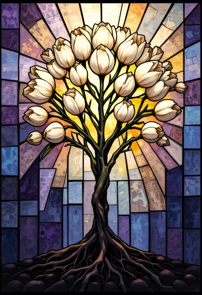 Stained Glass Tree With White Tulip Blossoms