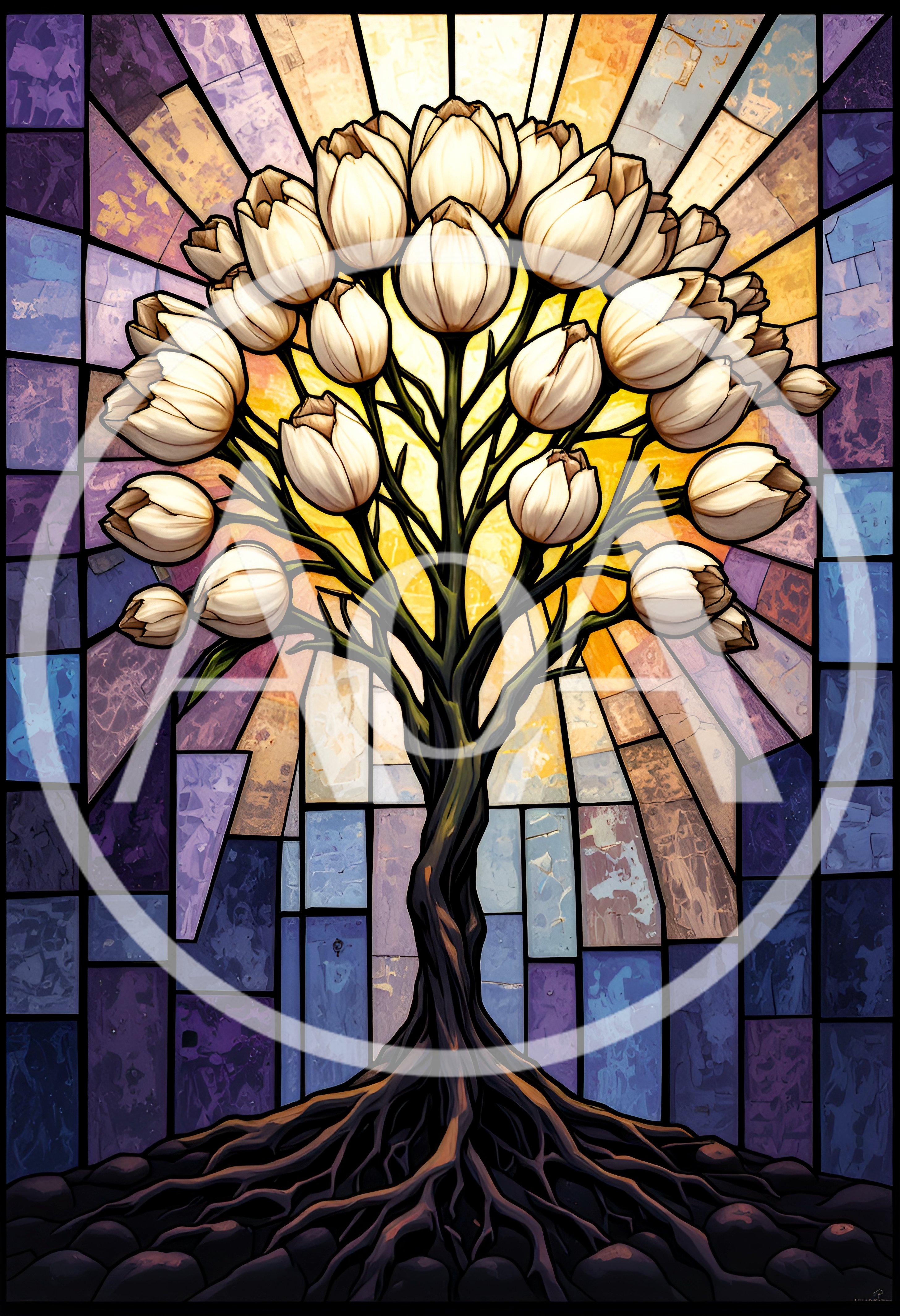 Stained Glass Tree With White Tulip Blossoms