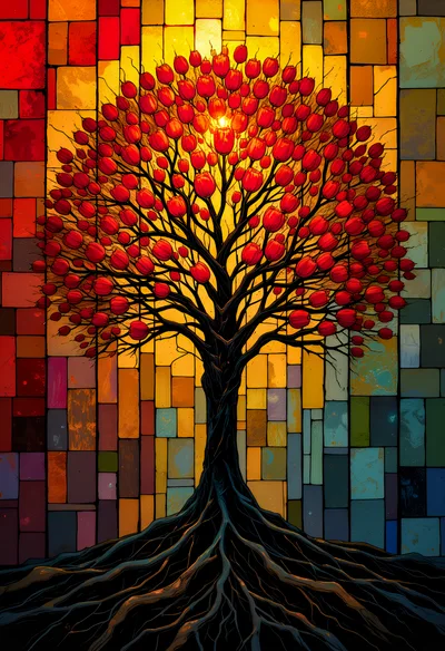 Stained Glass Tree With Red Blossoms