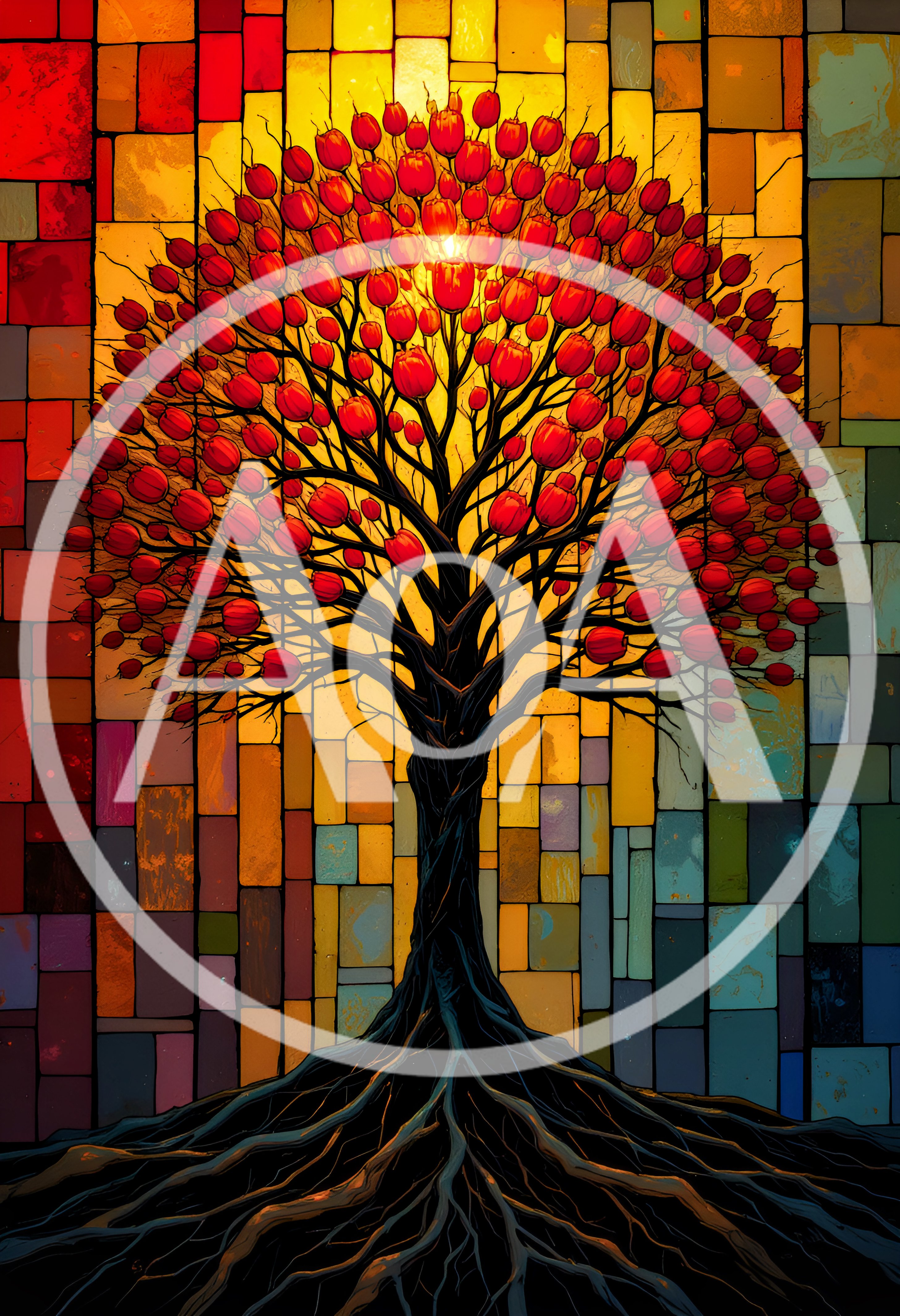Stained Glass Tree With Red Blossoms