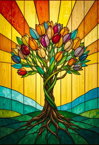 Stained Glass Tree With Colorful Tulip Blossoms