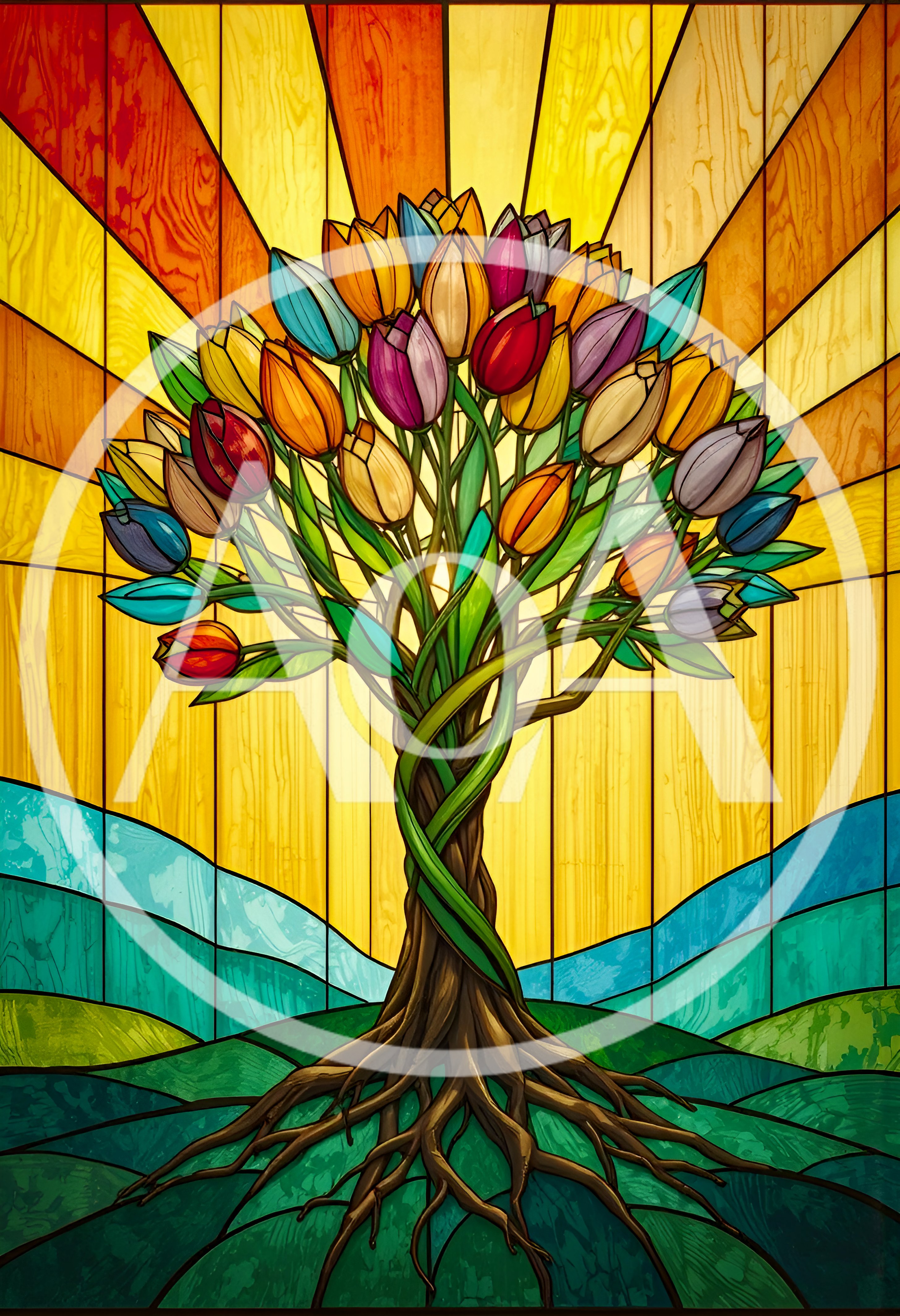 Stained Glass Tree With Colorful Tulip Blossoms