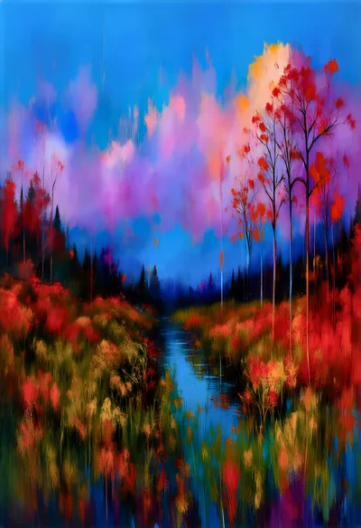 Impressionist Painting Of A Vibrant Autumn Landscape