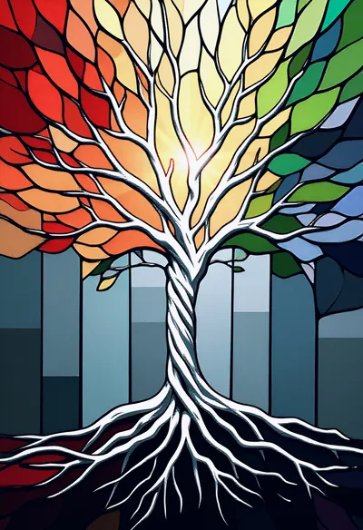 Stained Glass Style Tree With Colorful Leaves