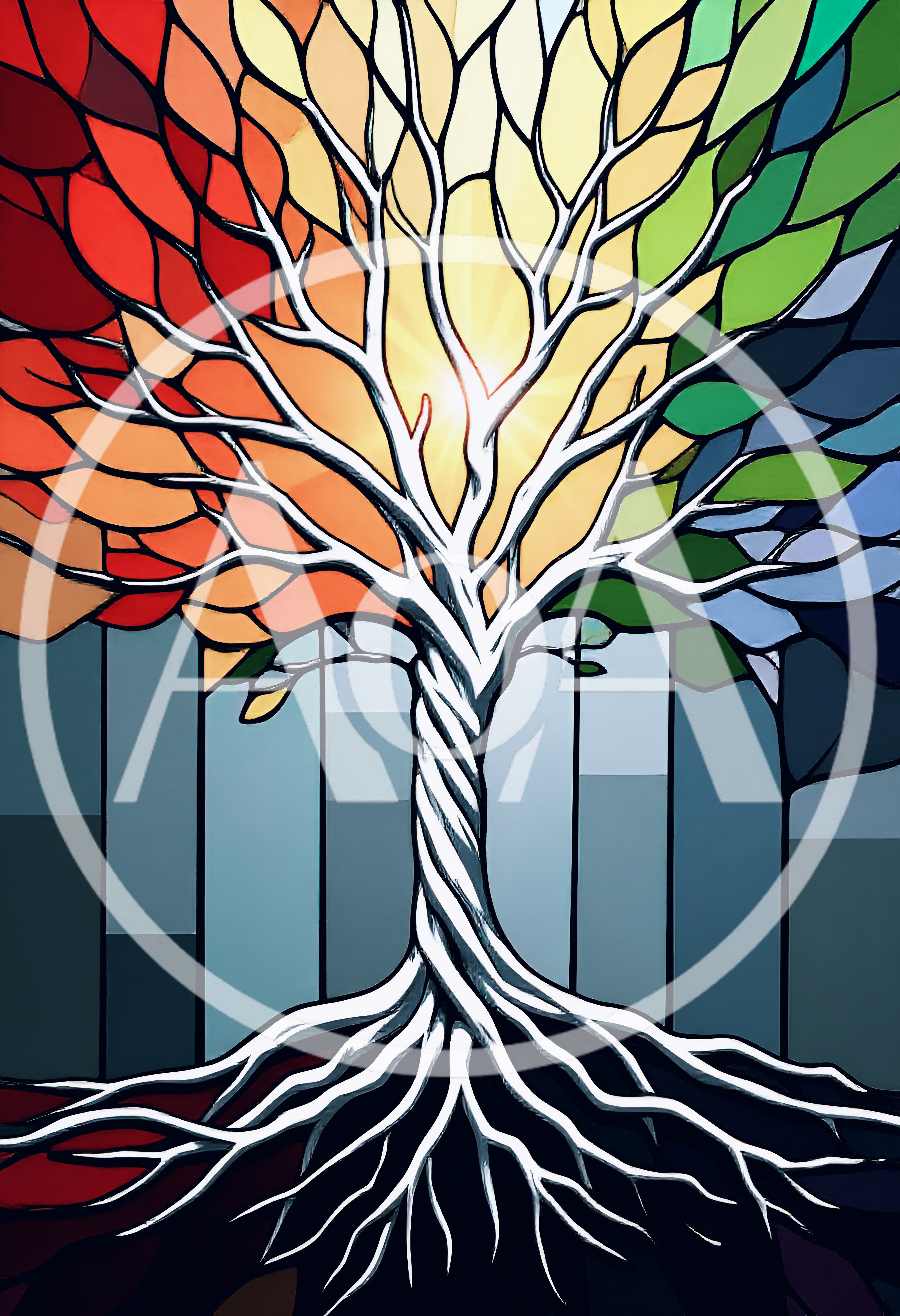 Stained Glass Style Tree With Colorful Leaves