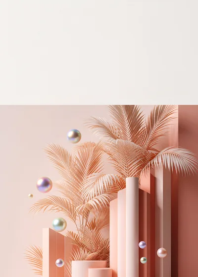 Abstract 3D Composition with Palm Leaves and Floating Spheres