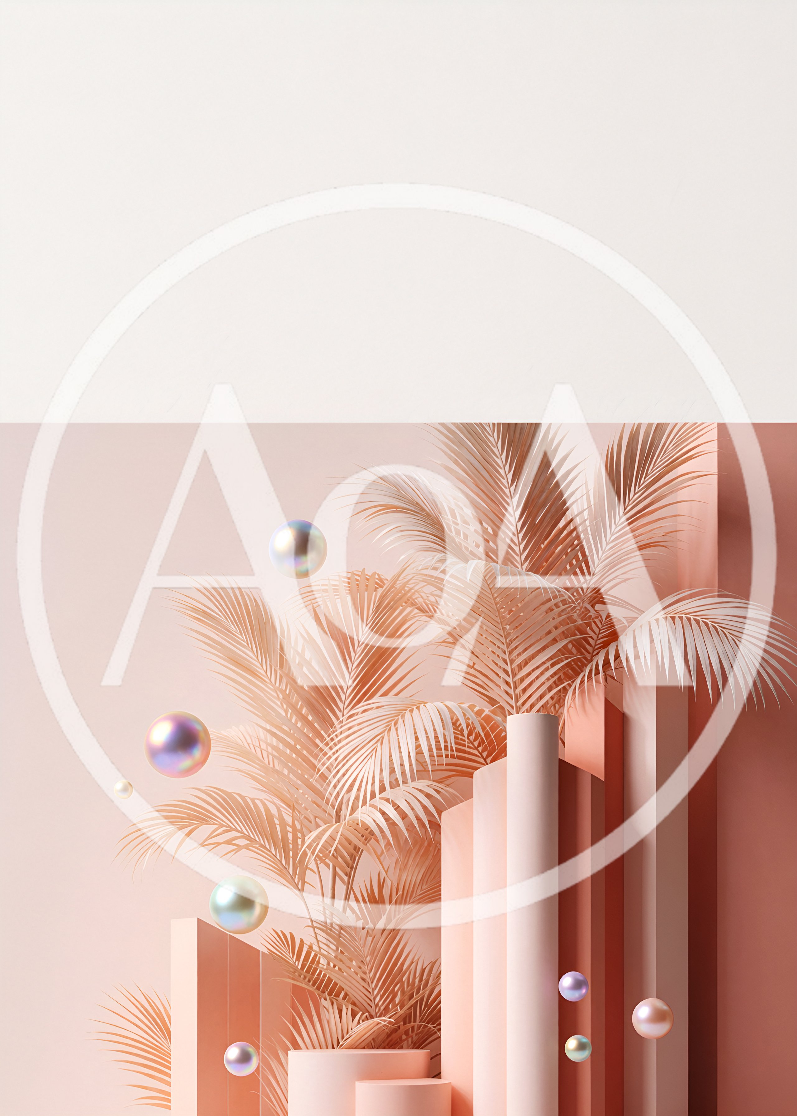 Abstract 3D Composition with Palm Leaves and Floating Spheres