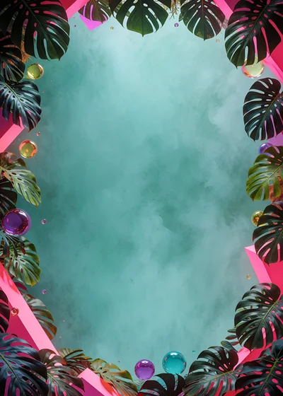 Tropical Monstera Leaves With Neon Pink Geometric Frame