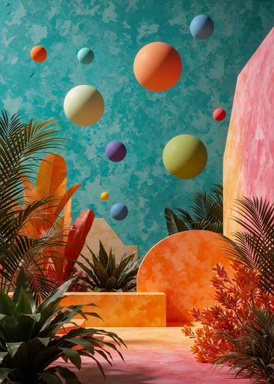Surreal Tropical Garden With Floating Spheres
