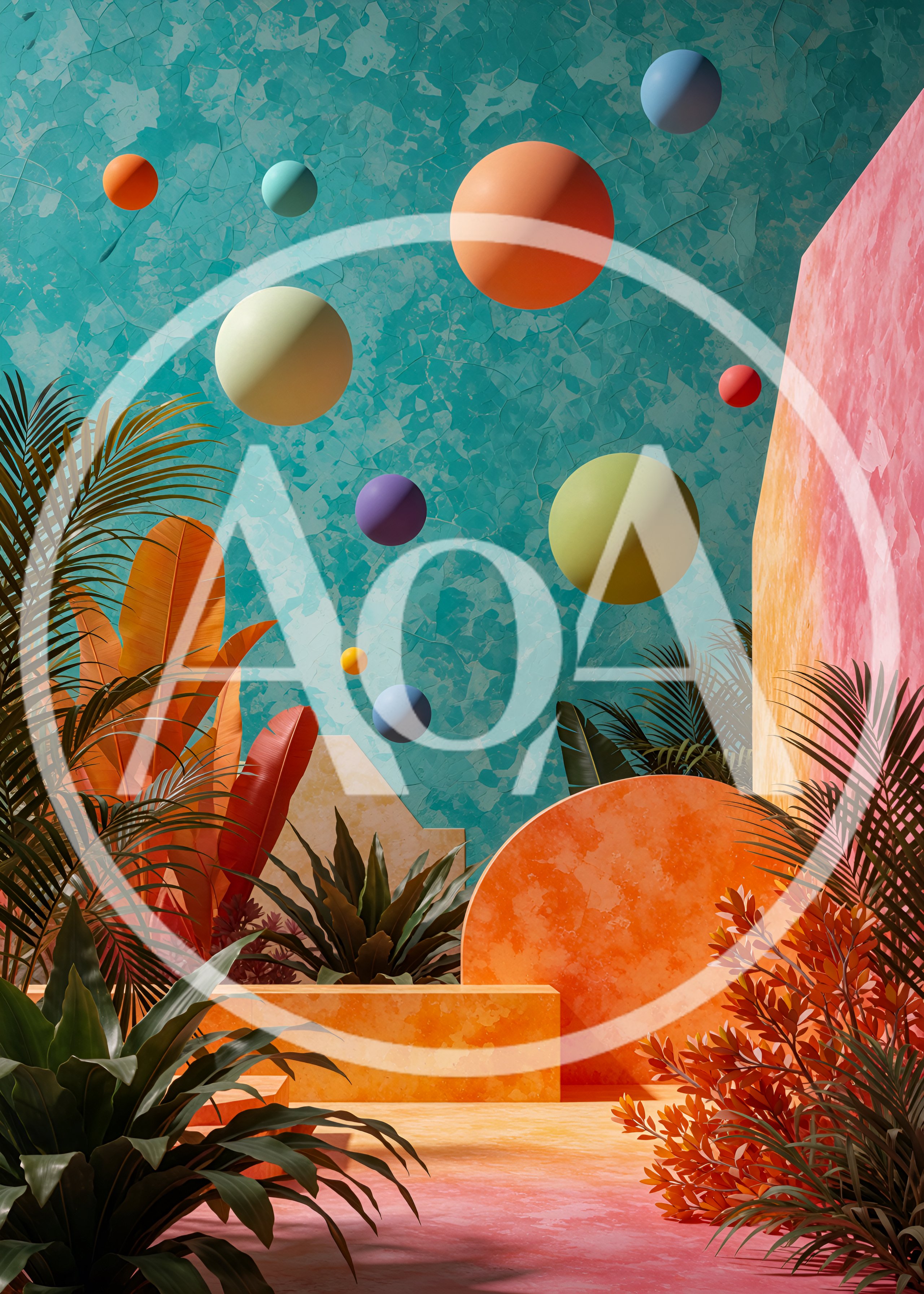 Surreal Tropical Garden With Floating Spheres