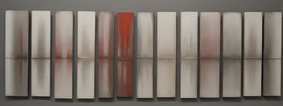 Twelve Vertical Rectangular Art Panels Arranged In A Row