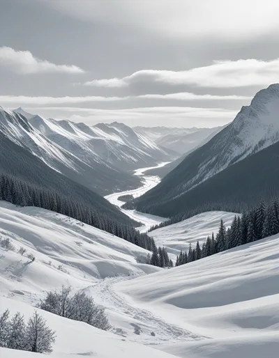 Snow Covered Mountain Valley Landscape
