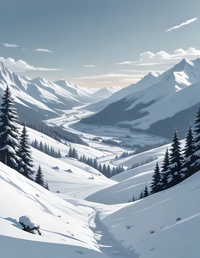 Snowy Mountain Valley Landscape With Pine Trees