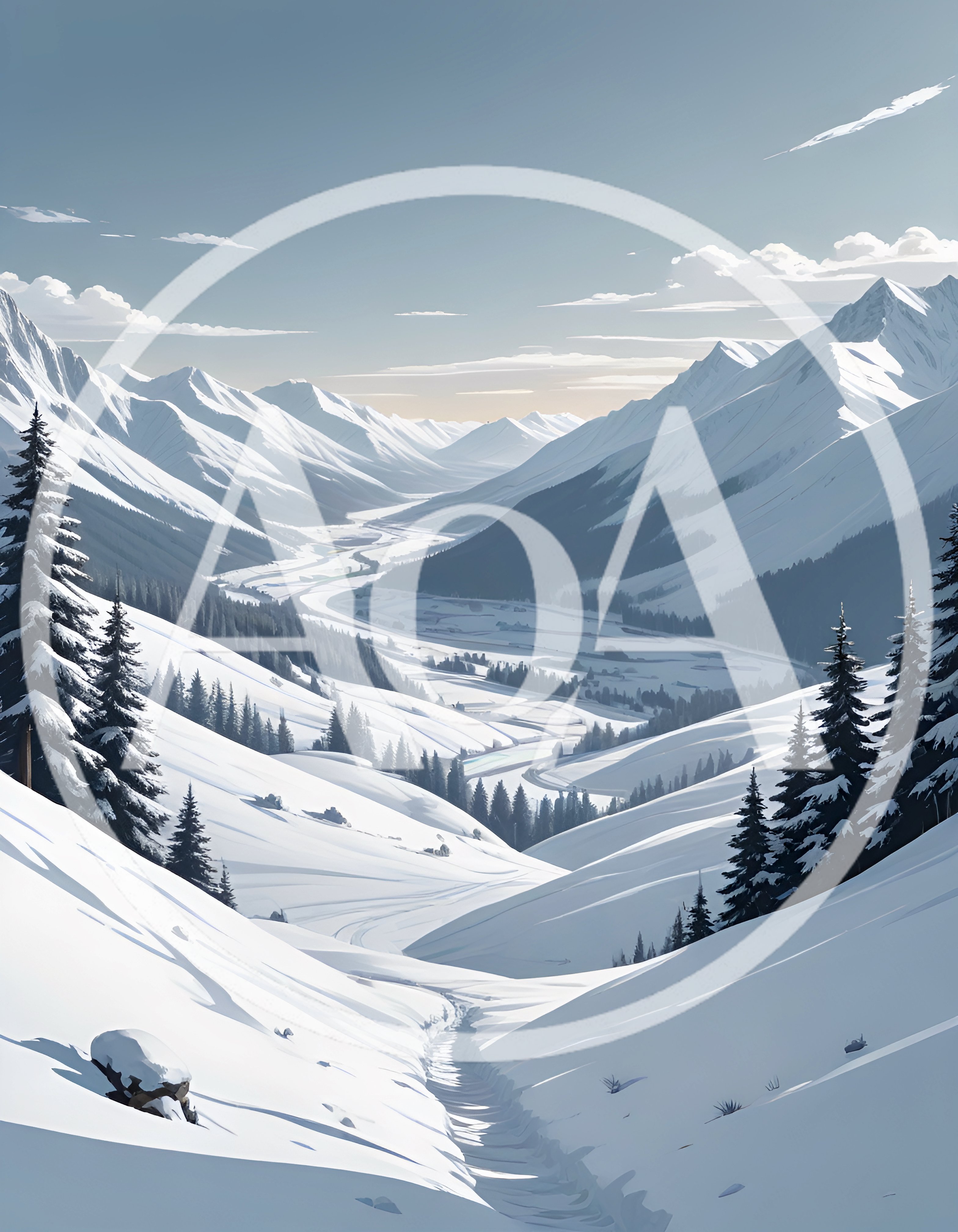 Snowy Mountain Valley Landscape With Pine Trees