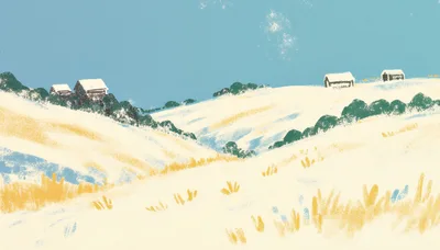 Stylized Illustration Of Snowy Rolling Hills With Small Cabins