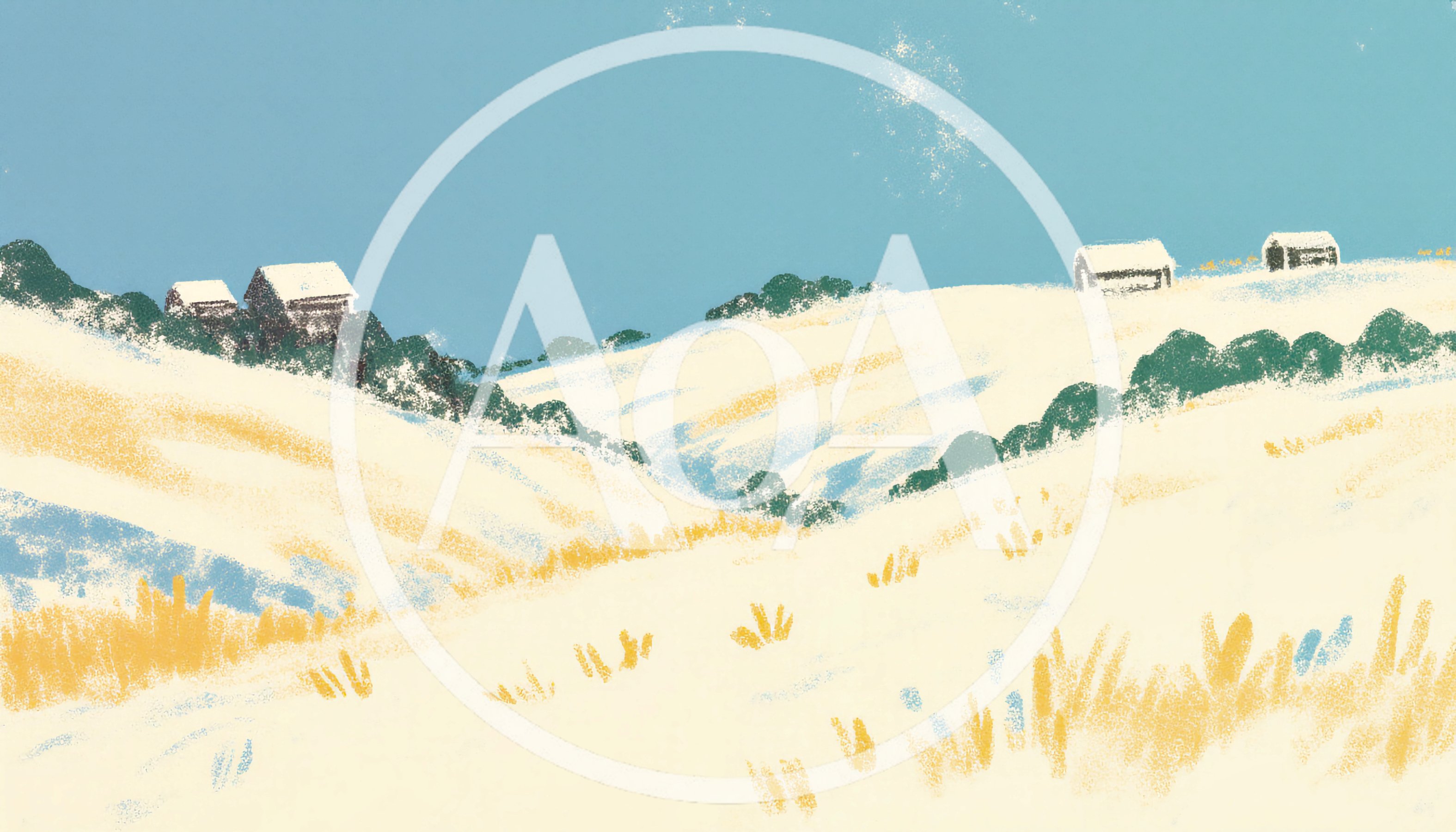 Stylized Illustration Of Snowy Rolling Hills With Small Cabins