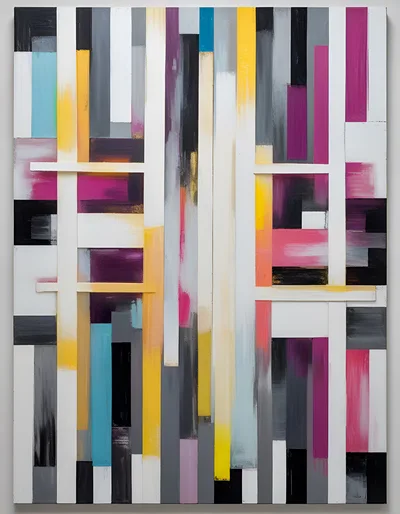 Abstract Painting With Vertical Stripes And Geometric Overlays