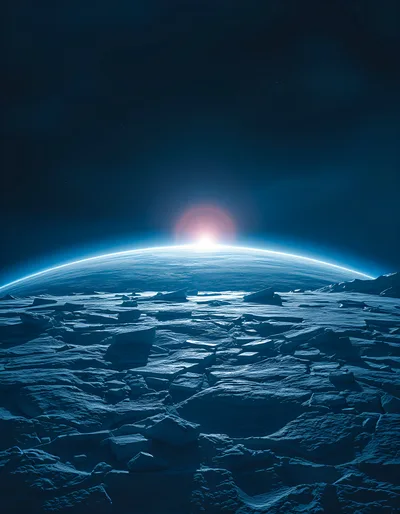 Cinematic Sunrise Over A Frozen Alien Planet Surface