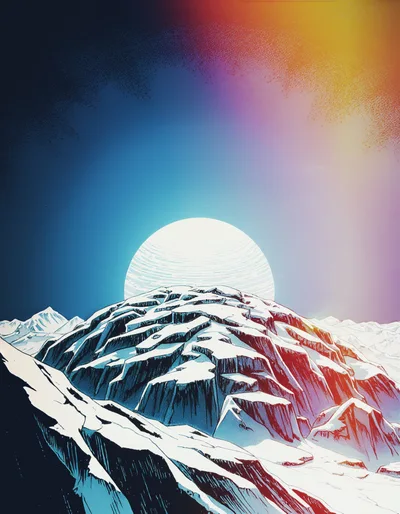 Stylized Illustration Of A Snowy Mountain Peak At Sunset