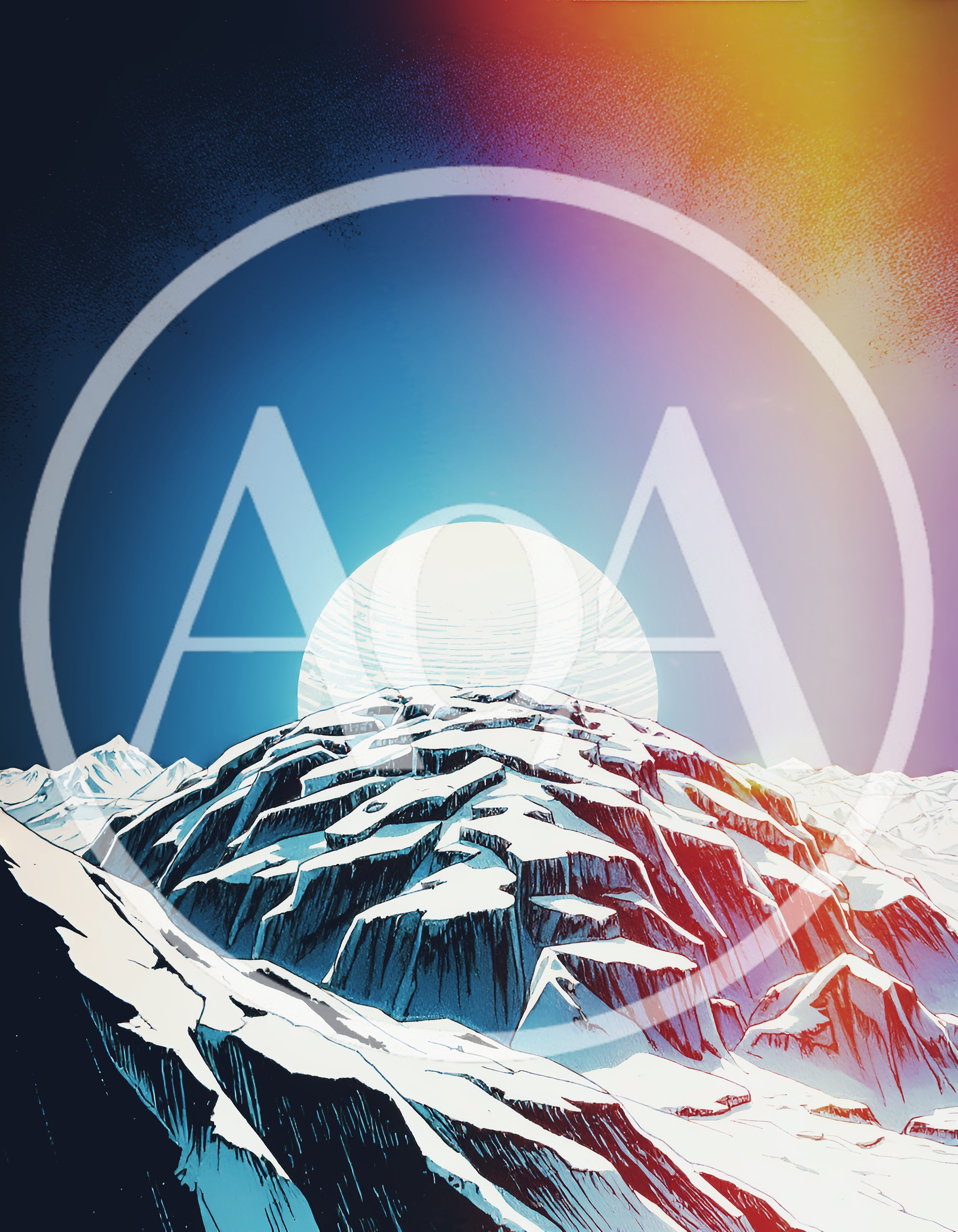 Stylized Illustration Of A Snowy Mountain Peak At Sunset