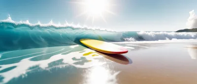Yellow Surfboard Resting On Sandy Beach Shoreline