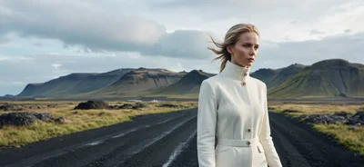 Blonde Woman In White Coat Standing On Icelandic Road